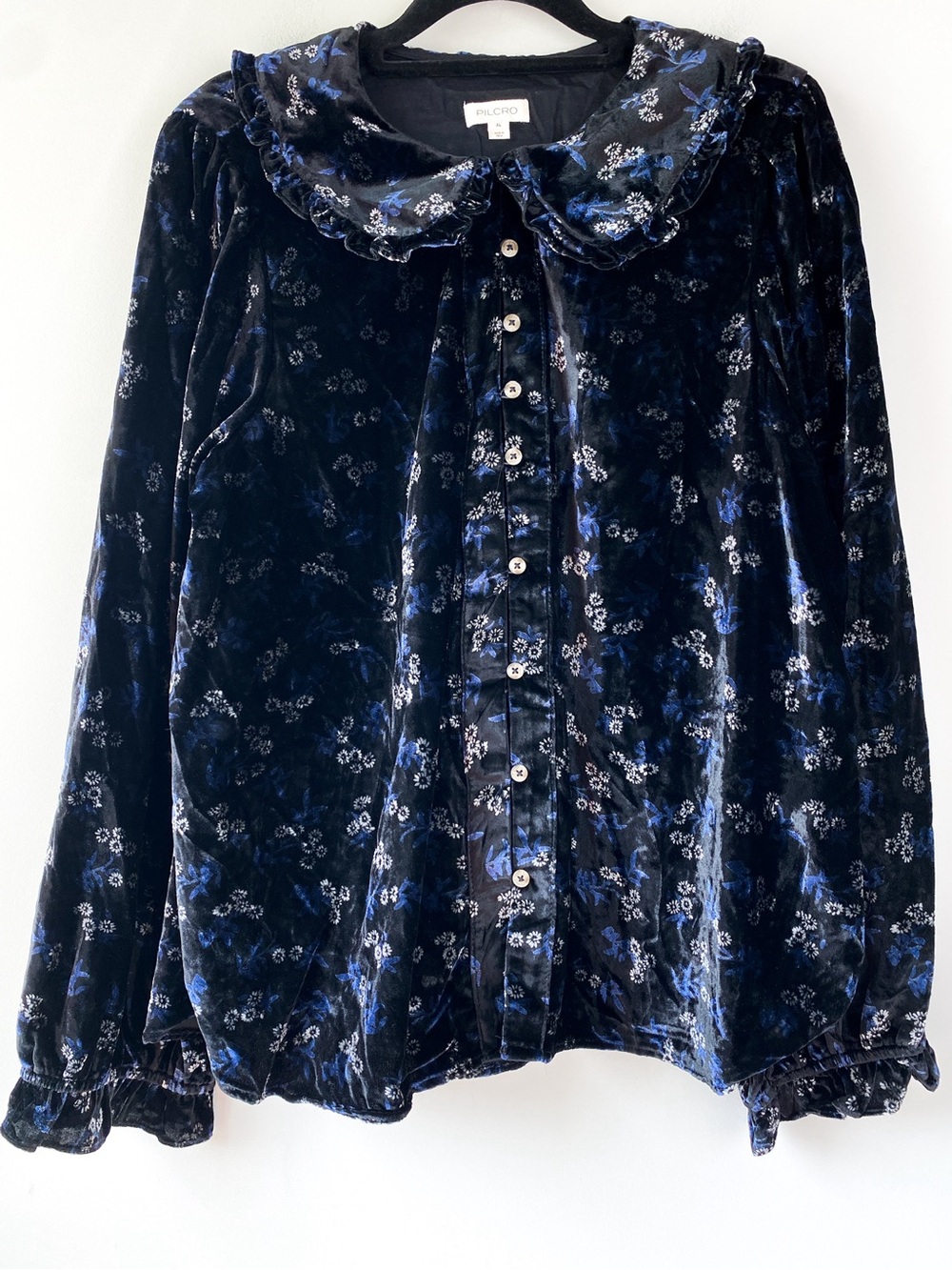Pilcro Anthropologie Womens Keira Velvet Blouse XL Black Floral Pilgrim Ruffle